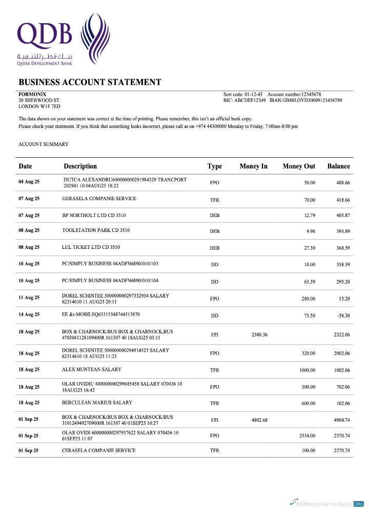 Qatar Development organization checking account statement Word and PDF template